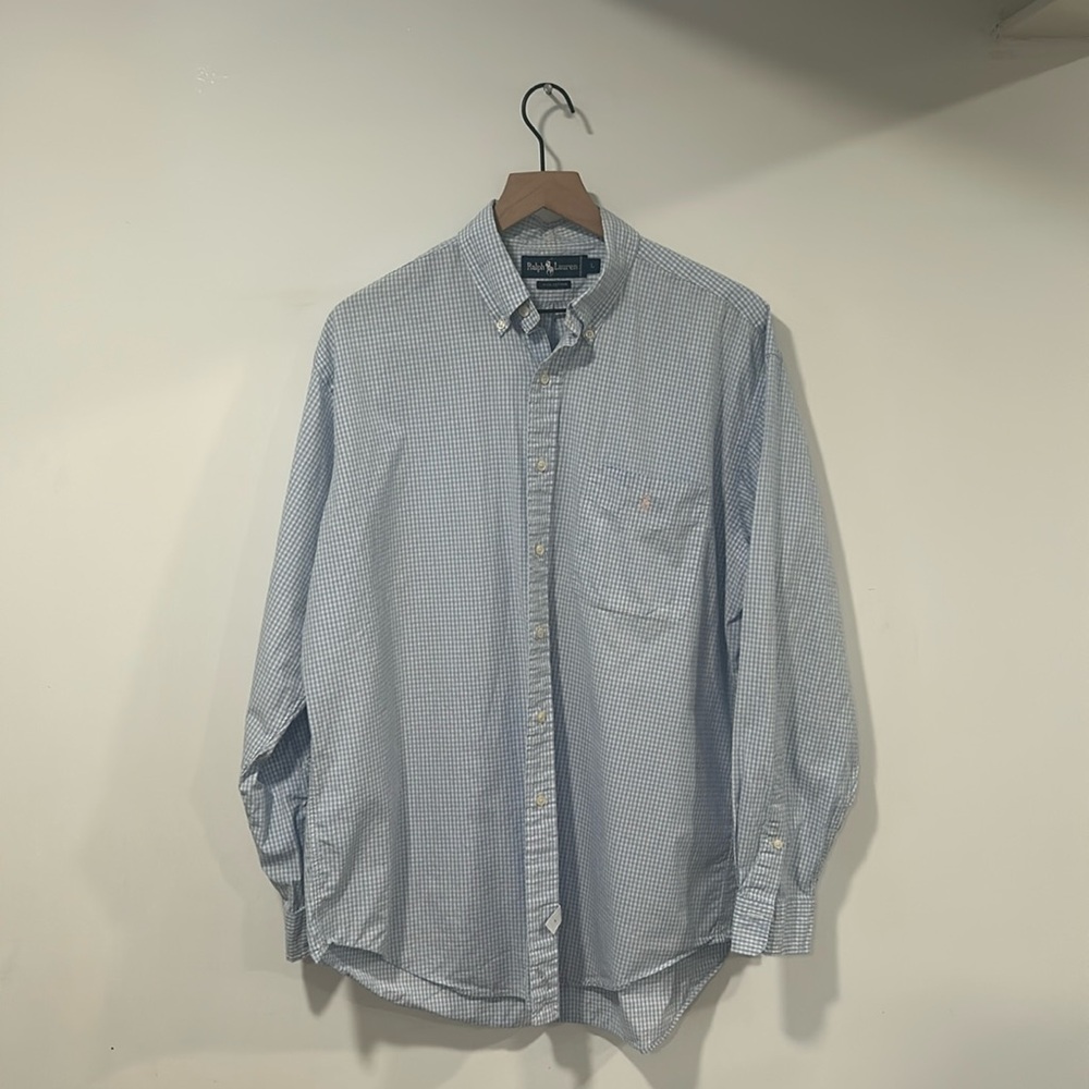 Ralph Lauren Men's Blue White Gingham Check Pink Logo Shirt Size Large.